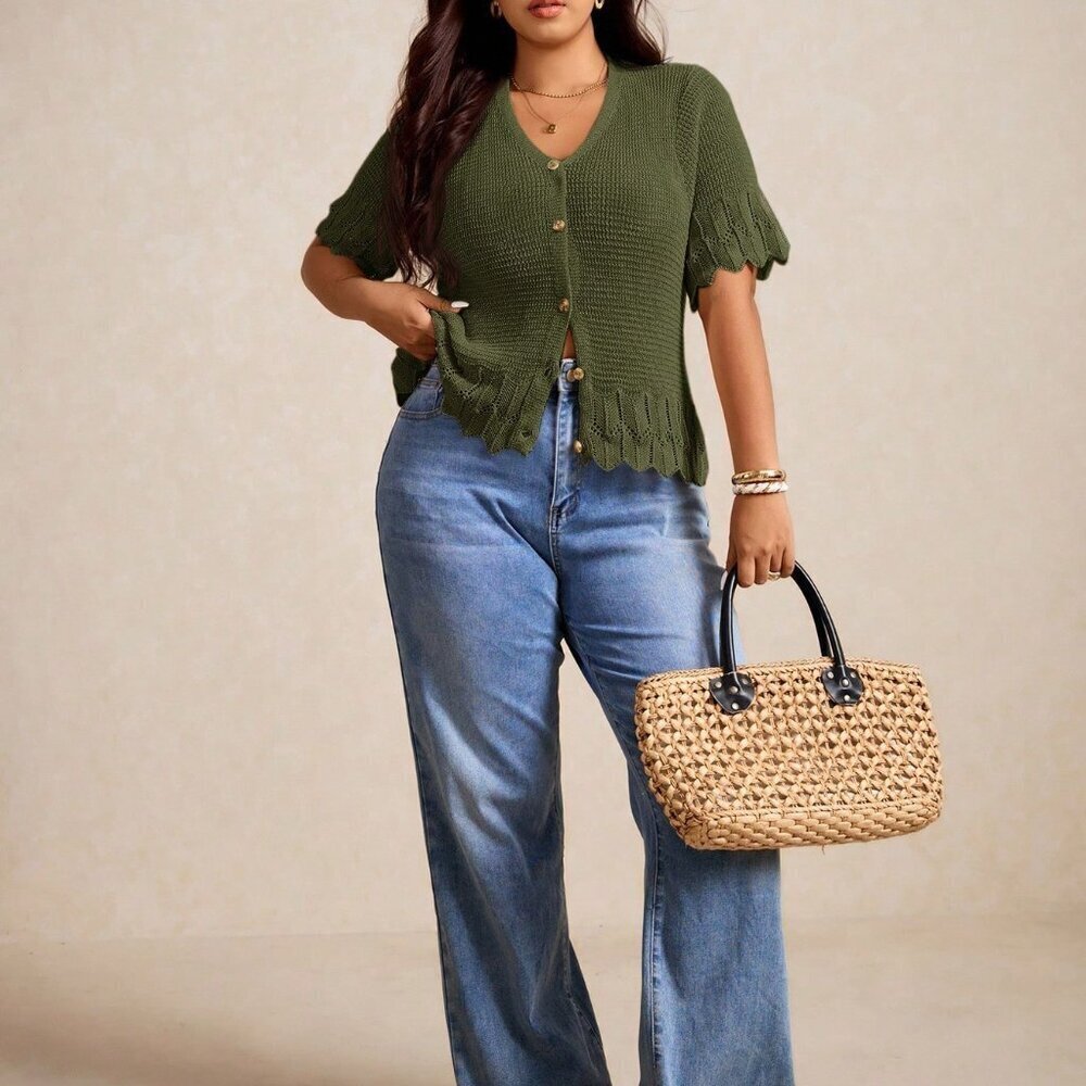 Army Green Casual Women's Plus Size Short Sleeve Cardigan